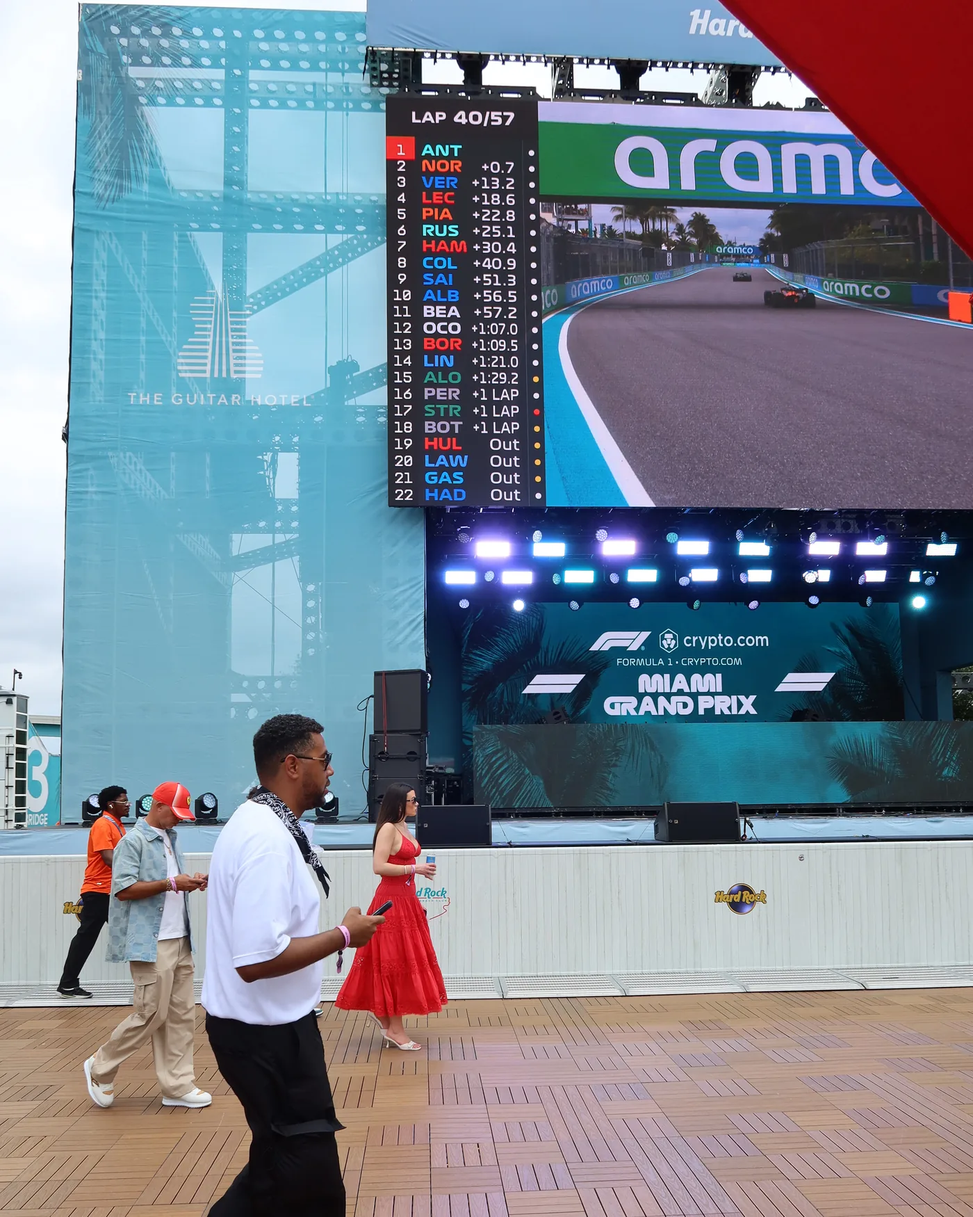 The paddock deck at the Miami Grand Prix, the race on the big screen.